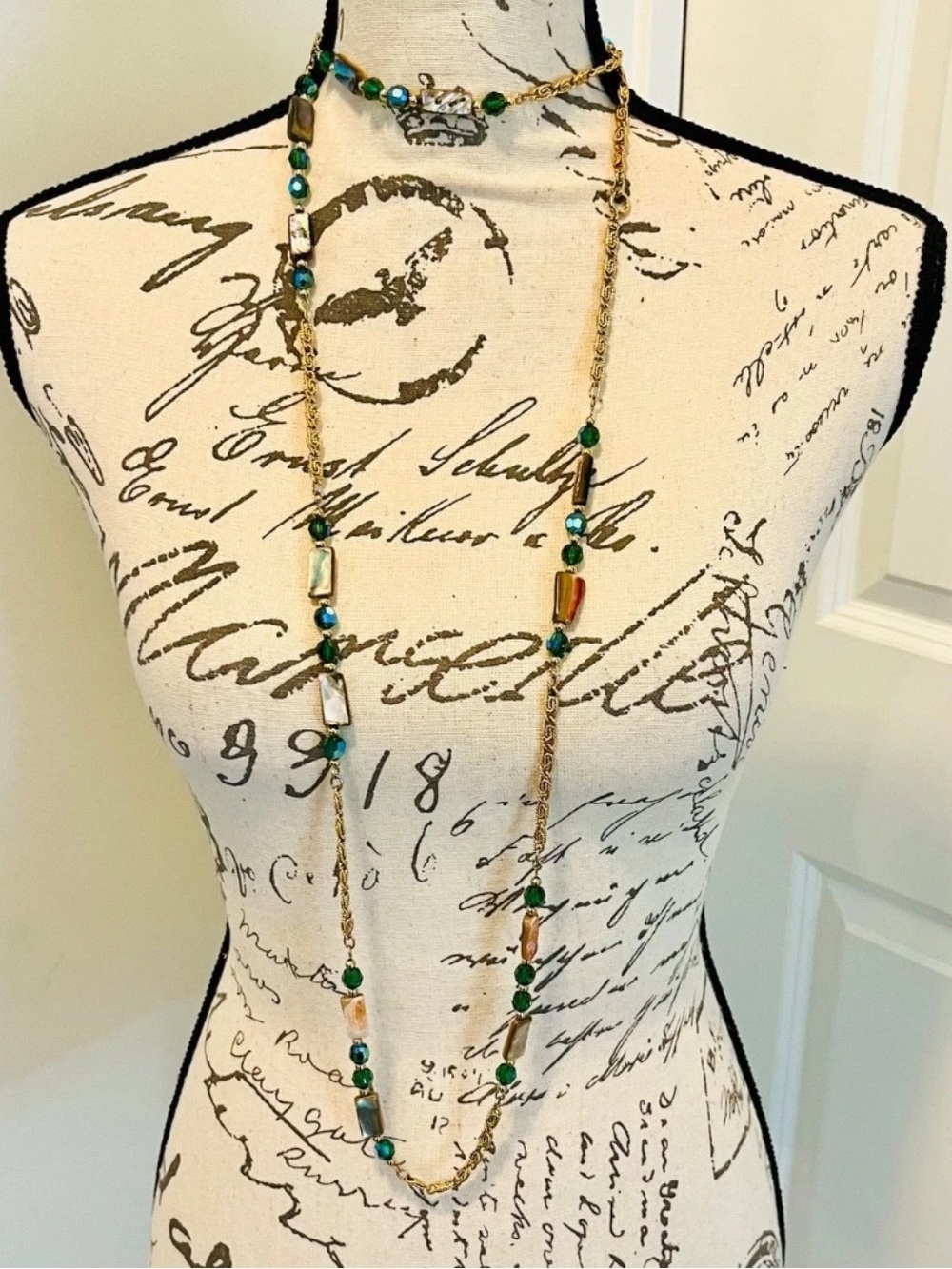 Vintage NAPIER Necklace Abalone Green AB beads Gold Tone Long Layering Necklace